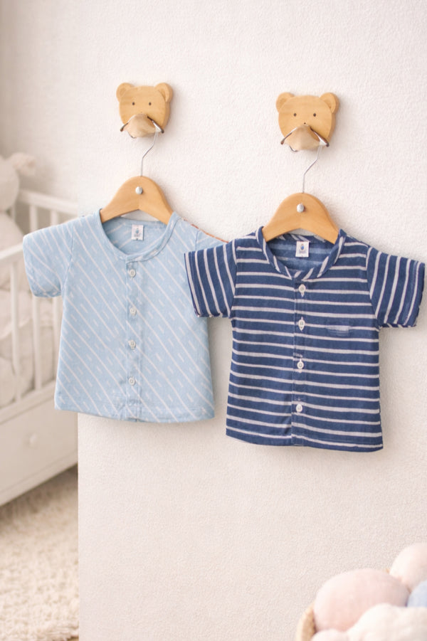Set of 2 100% Cotton Muslin Jhablas | Short Sleeves Baby Jhablas - Navy Stripes Plus