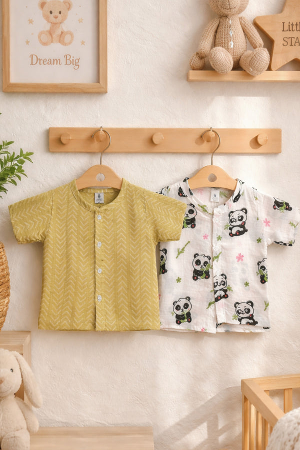 Set of 2 100% Cotton Muslin Jhablas | Short Sleeves Baby Jhablas - Panda Leaves Plus