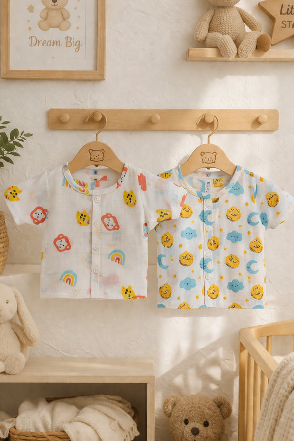 Set of 2 100% Cotton Muslin Jhablas | Short Sleeves Baby Jhablas - Sun Moon Plus