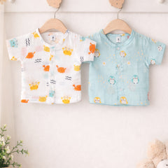 Set of 2 100% Cotton Muslin Jhablas | Short Sleeves Baby Jhablas - Blue Penguin Plus