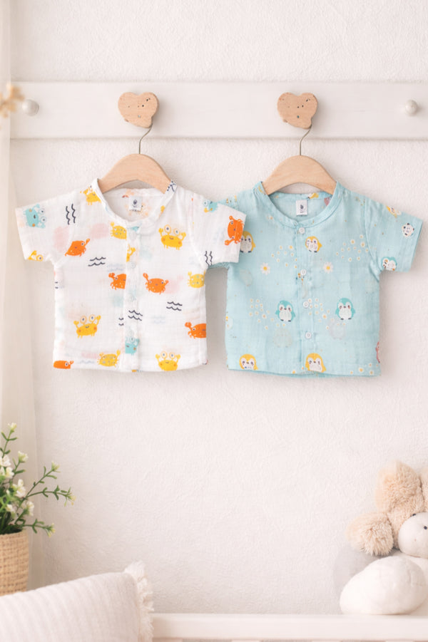 Set of 2 100% Cotton Muslin Jhablas | Short Sleeves Baby Jhablas - Blue Penguin Plus