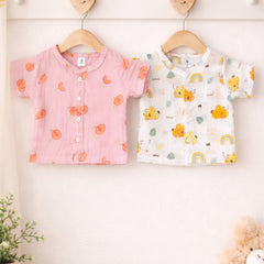 Set of 2 100% Cotton Muslin Jhablas | Short Sleeves Baby Jhablas - Orange Koala Plus