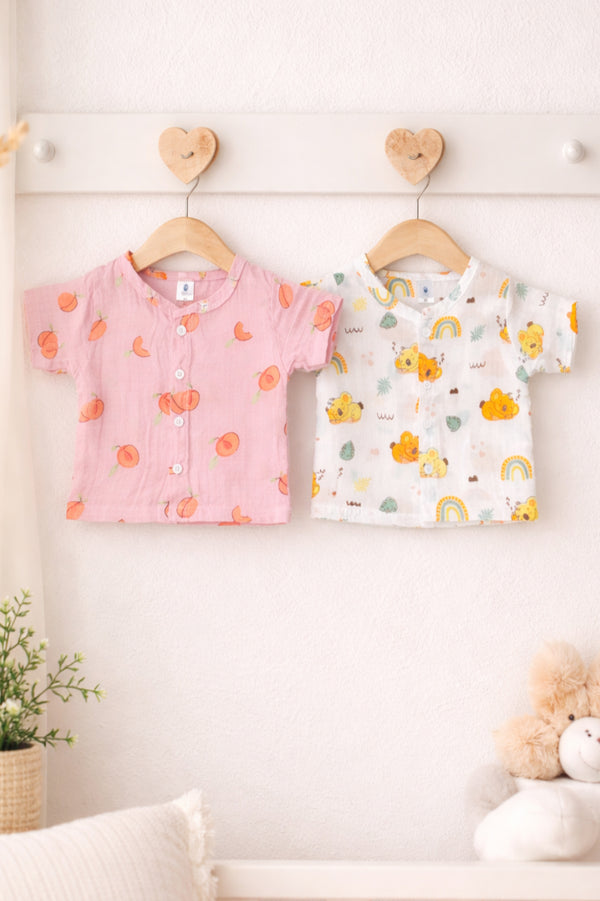 Set of 2 100% Cotton Muslin Jhablas | Short Sleeves Baby Jhablas - Orange Koala Plus