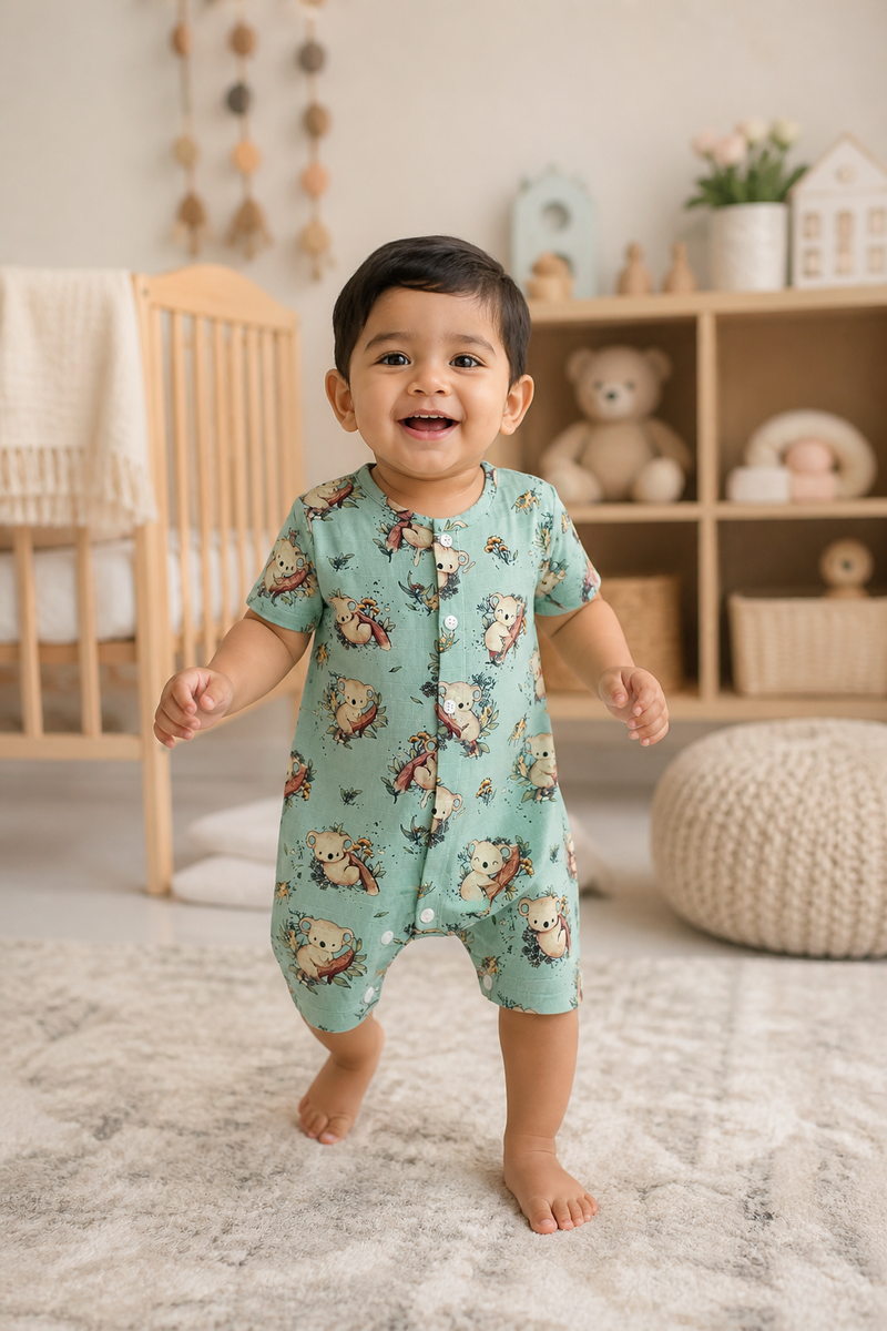 Teal Koala | Short Sleeves | Unisex Romper Bodysuit | 100% Cotton Muslin for 0 to 2 Yrs