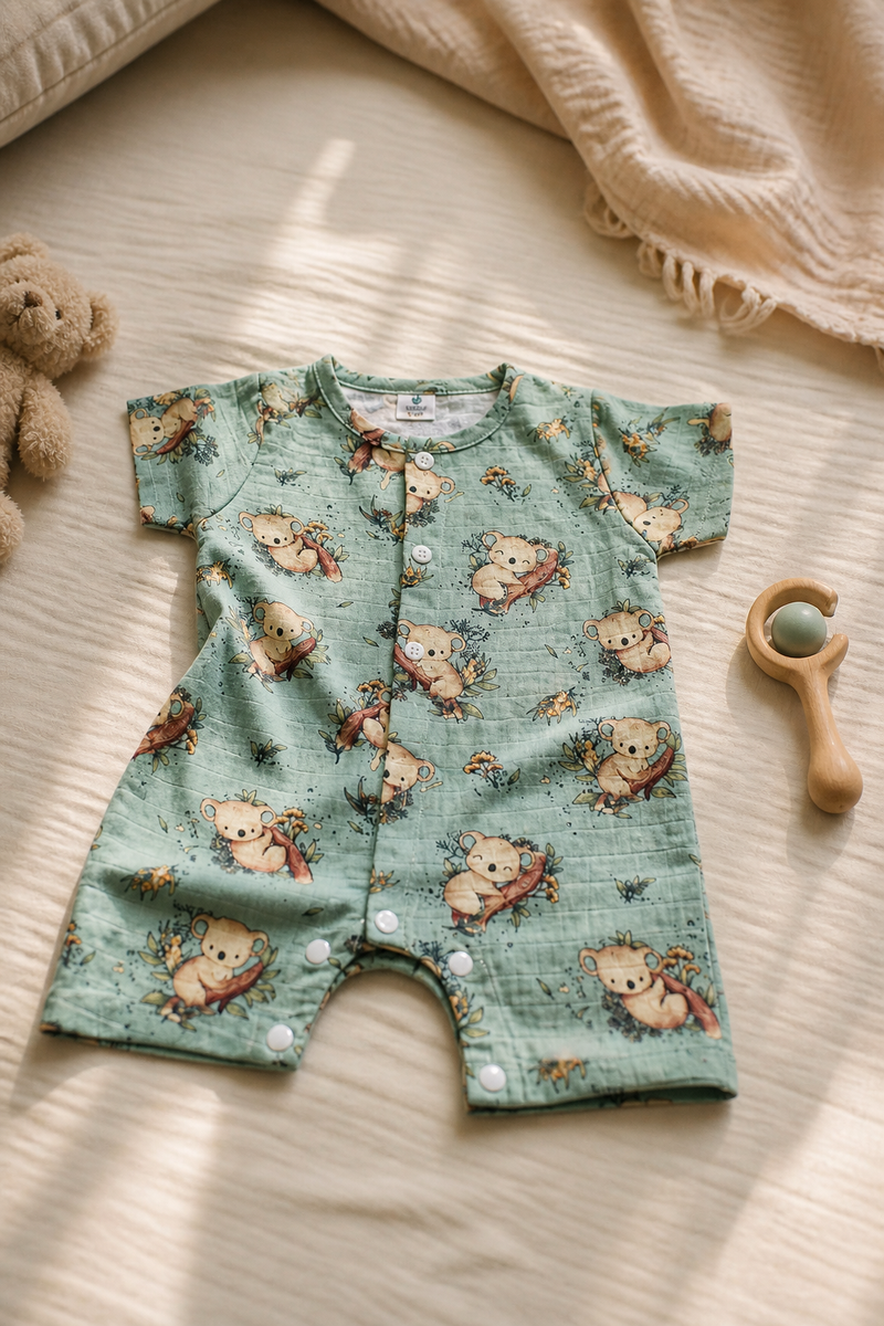 Teal Koala | Short Sleeves | Unisex Romper Bodysuit | 100% Cotton Muslin for 0 to 2 Yrs