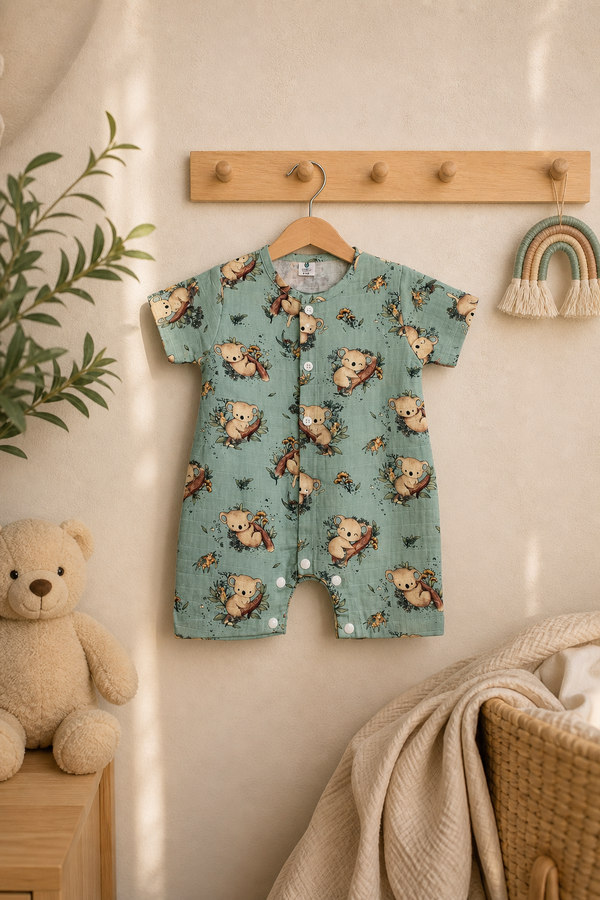 Teal Koala | Short Sleeves | Unisex Romper Bodysuit | 100% Cotton Muslin for 0 to 2 Yrs