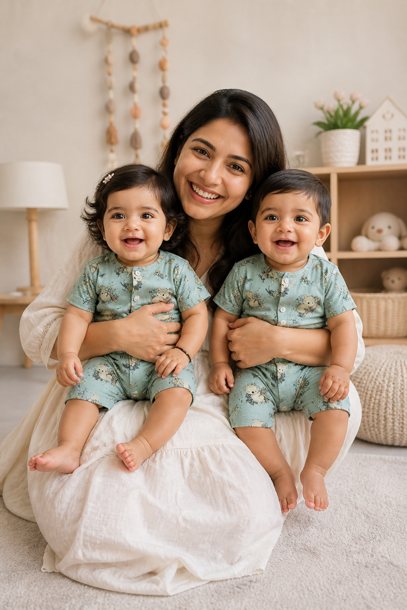 Teal Koala | Short Sleeves | Unisex Romper Bodysuit | 100% Cotton Muslin for 0 to 2 Yrs