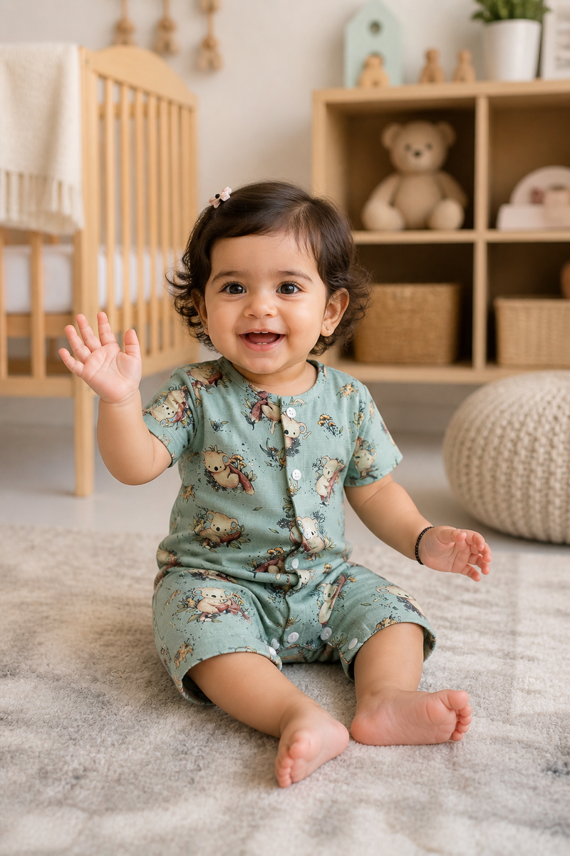 Teal Koala | Short Sleeves | Unisex Romper Bodysuit | 100% Cotton Muslin for 0 to 2 Yrs