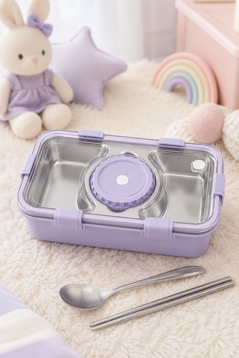 3 Compartment Stainless Steel Lunch Box for Kids, Spoon Chopsticks, Leakproof Tiffin Box, Insulated Bento Lunch Box for School, Boys, Girls & Travel