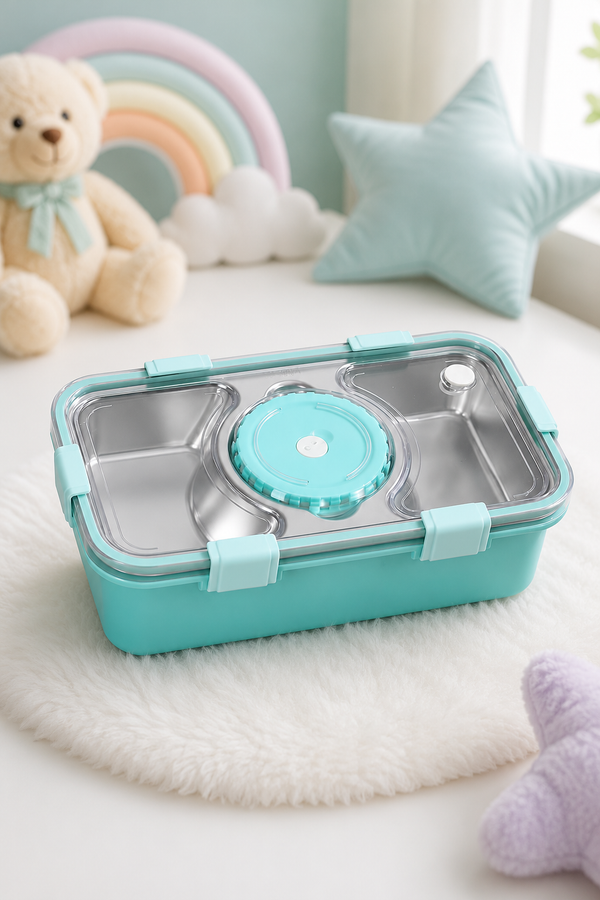 3 Compartment Stainless Steel Lunch Box for Kids, Spoon Chopsticks, Leakproof Tiffin Box, Insulated Bento Lunch Box for School, Boys, Girls & Travel