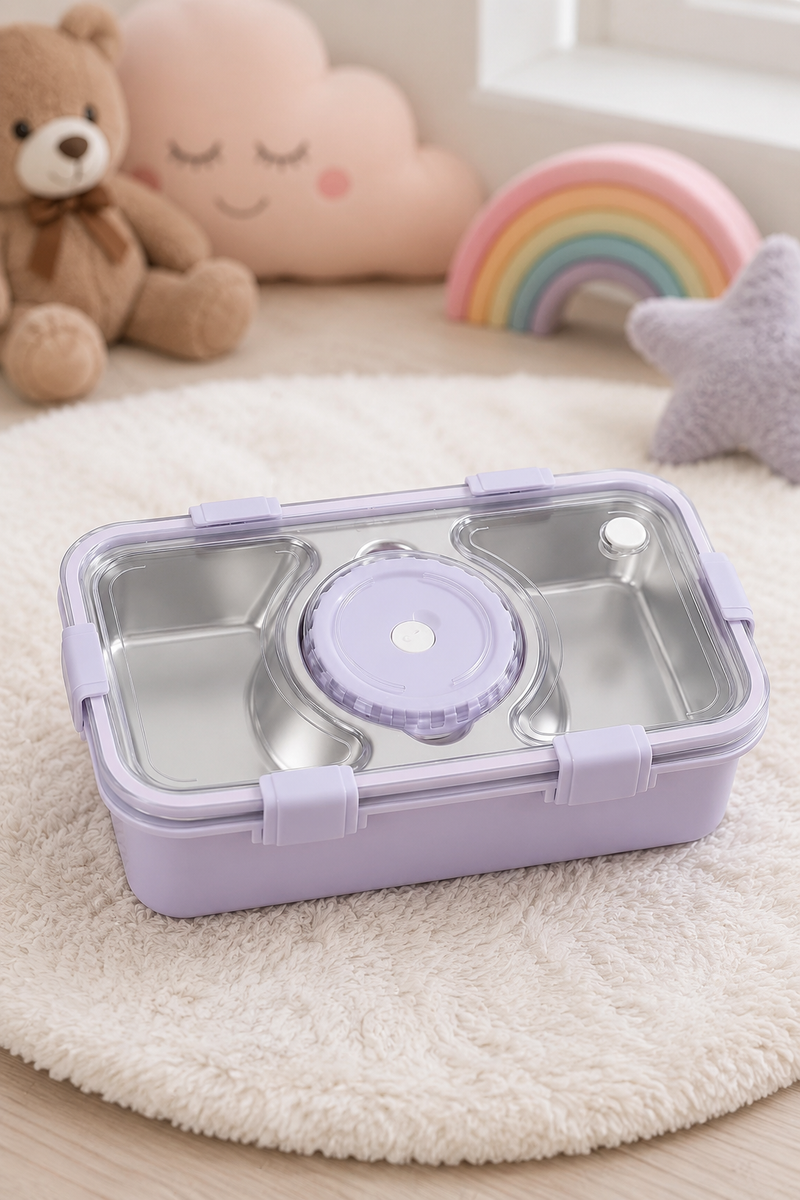 3 Compartment Stainless Steel Lunch Box for Kids, Spoon Chopsticks, Leakproof Tiffin Box, Insulated Bento Lunch Box for School, Boys, Girls & Travel