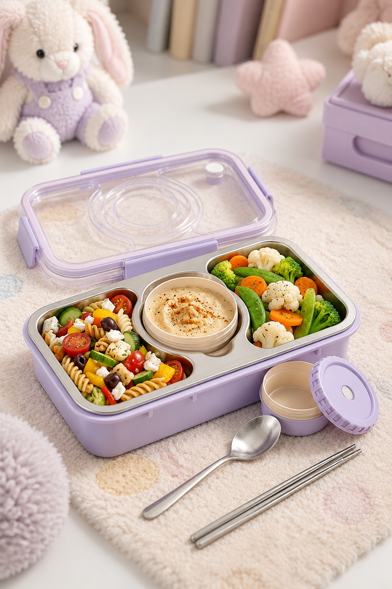 3 Compartment Stainless Steel Lunch Box for Kids, Spoon Chopsticks, Leakproof Tiffin Box, Insulated Bento Lunch Box for School, Boys, Girls & Travel