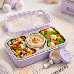 3 Compartment Stainless Steel Lunch Box for Kids, Spoon Chopsticks, Leakproof Tiffin Box, Insulated Bento Lunch Box for School, Boys, Girls & Travel