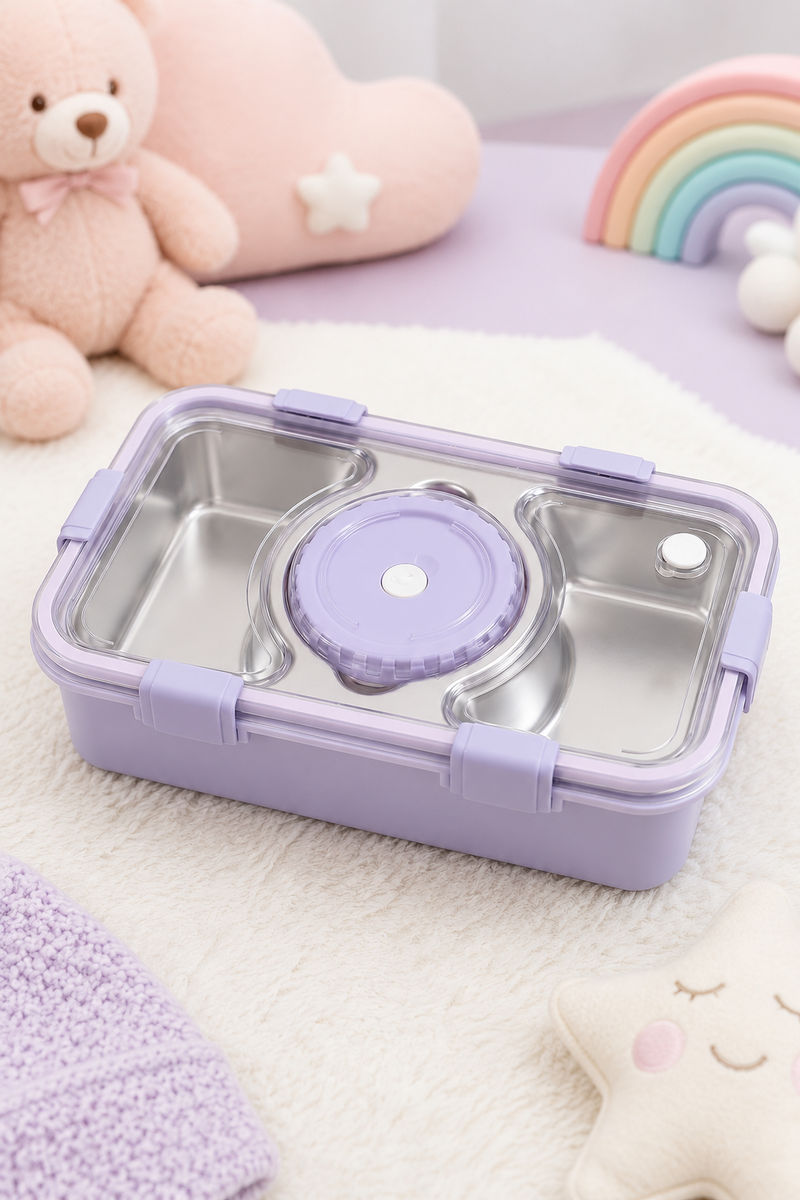 3 Compartment Stainless Steel Lunch Box for Kids, Spoon Chopsticks, Leakproof Tiffin Box, Insulated Bento Lunch Box for School, Boys, Girls & Travel