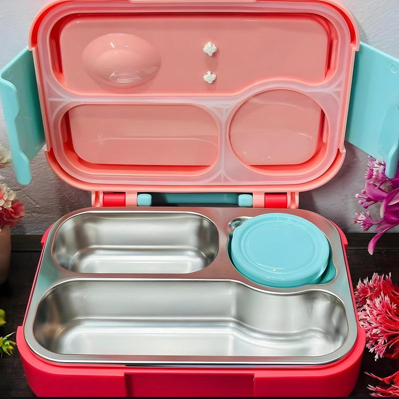 Lama 3 Compartment 750 ML Stainless Steel Lunch Box for School Leak Proof Bento Tiffin Box with Handle, SUS304 Steel Lunch Box