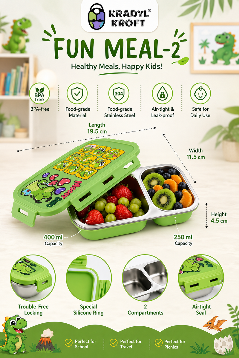 2 Compartment Stainless Steel Lunch Box | Leak Proof Easy Lock | BPA Free Food Grade Tiffin Box