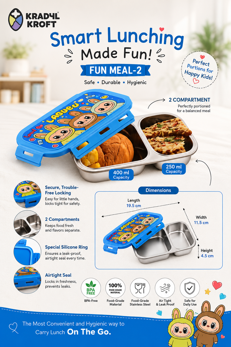 2 Compartment Stainless Steel Lunch Box | Leak Proof Easy Lock | BPA Free Food Grade Tiffin Box