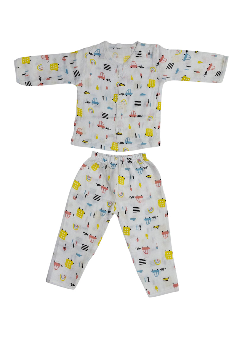 Kradyl Kroft Single Layered Checkered Soft Full Sleeve Muslin Night Suit Set for New Born to 24 Months - Match