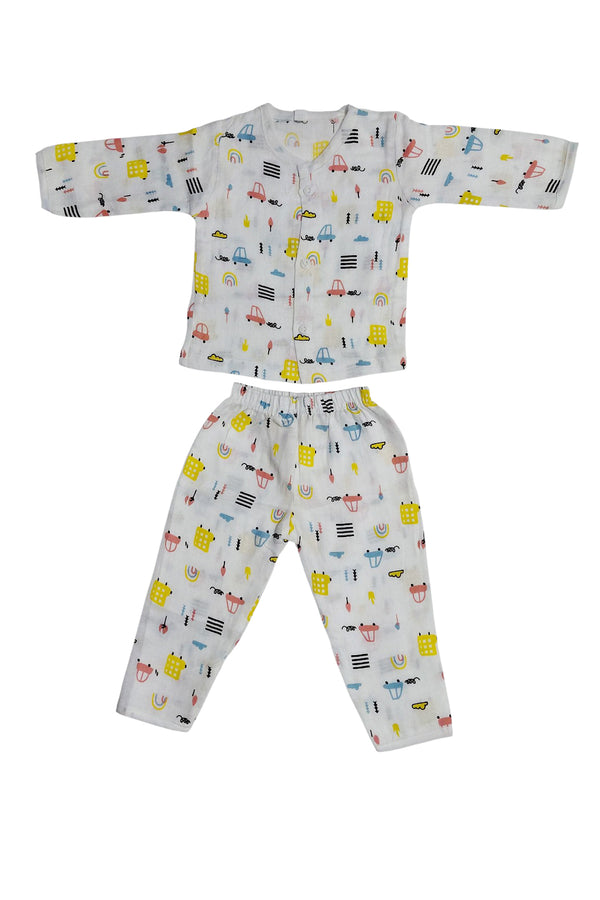 Kradyl Kroft Single Layered Checkered Soft Full Sleeve Muslin Night Suit Set for New Born to 24 Months - Match