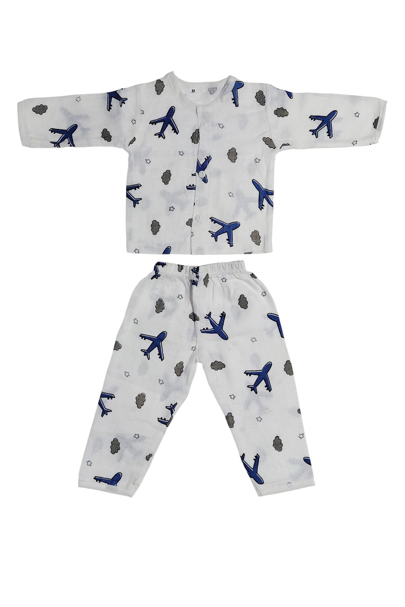 Kradyl Kroft Single Layered Checkered Soft Full Sleeve Muslin Night Suit Set for New Born to 24 Months - Aeroplane