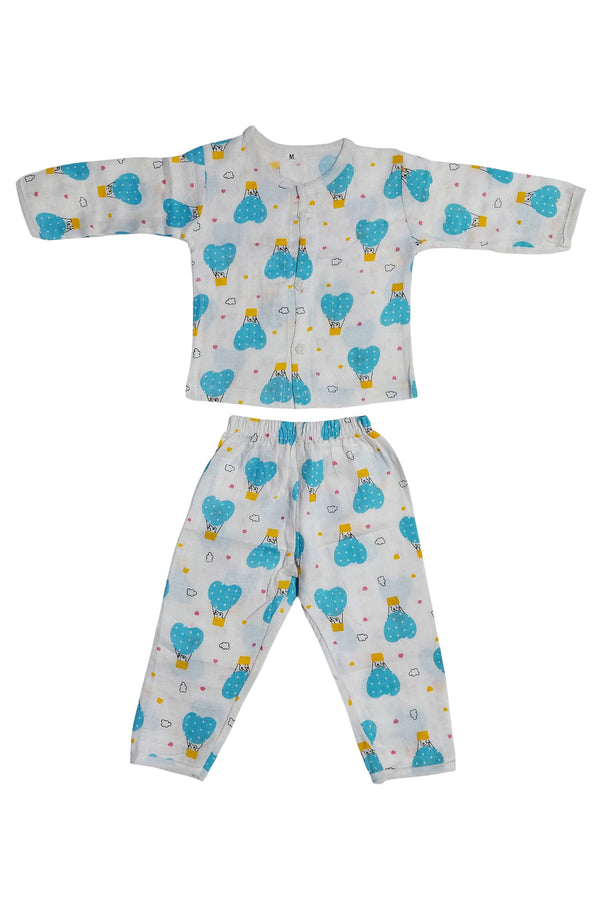 Kradyl Kroft Single Layered Checkered Soft Full Sleeve Muslin Night Suit Set for New Born to 24 Months - Balloon