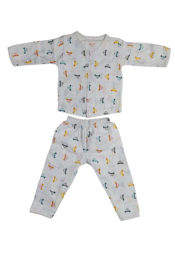 Kradyl Kroft Single Layered Checkered Soft Full Sleeve Muslin Night Suit Set for New Born to 24 Months - 4 Wheel