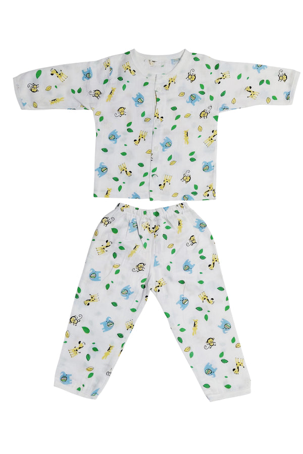 Kradyl Kroft Single Layered Checkered Soft Full Sleeve Muslin Night Suit Set for New Born to 24 Months - Elephant