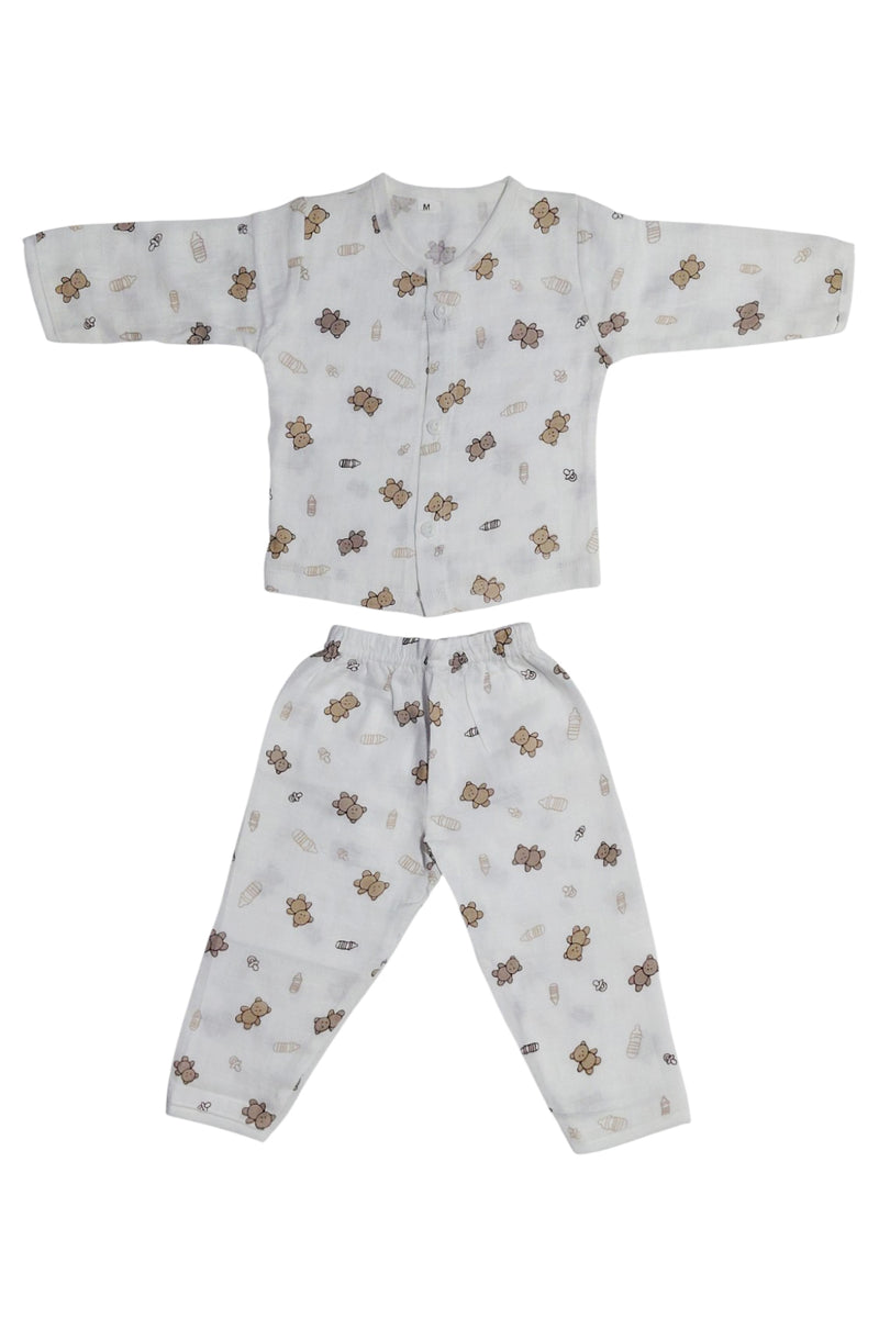 Kradyl Kroft Single Layered Checkered Soft Full Sleeve Muslin Night Suit Set for New Born to 24 Months - Teddy