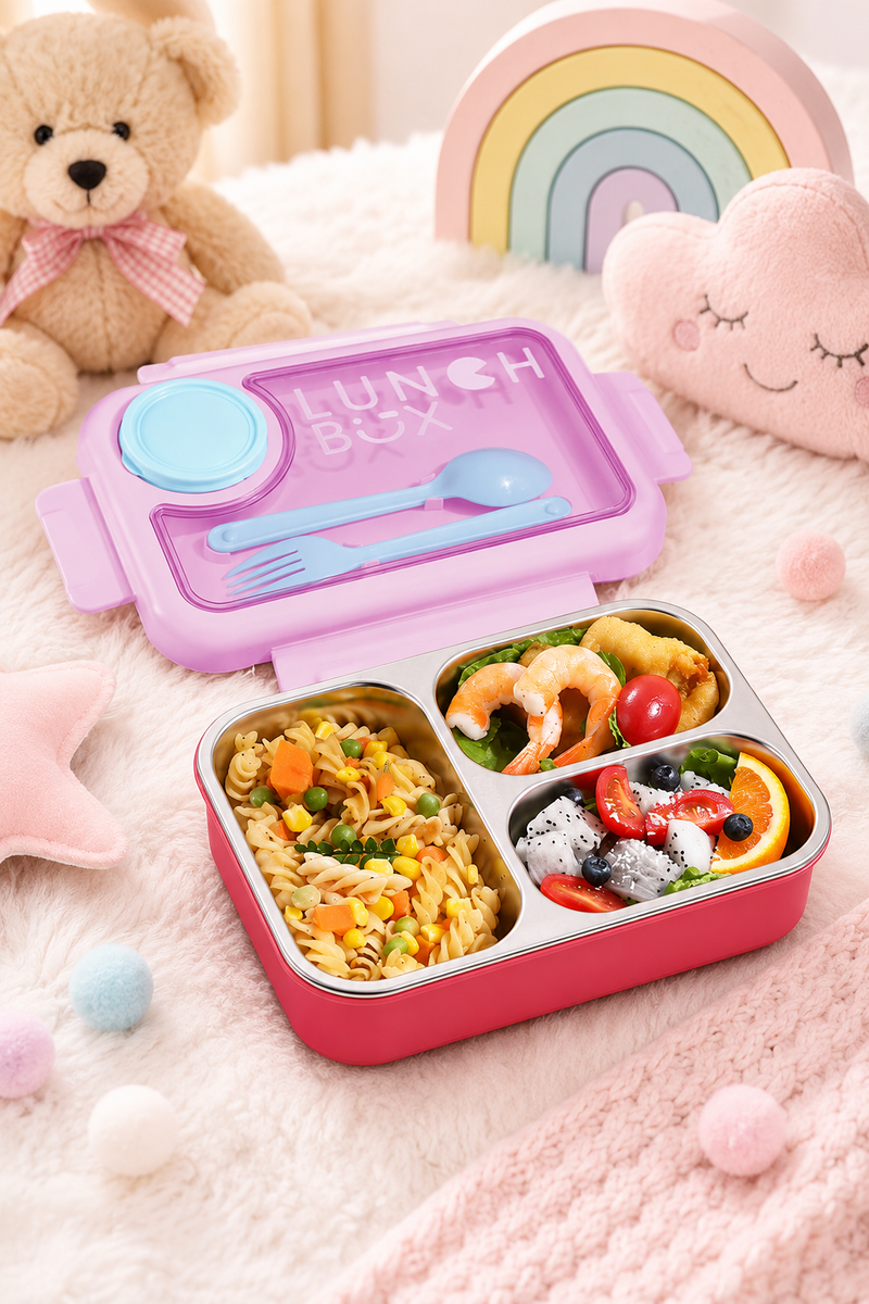 3 Compartment Stainless Steel Lunch Box for Kids, Spoon Fork, Leakproof Tiffin Box, Insulated Bento Lunch Box for School, Boys, Girls & Travel