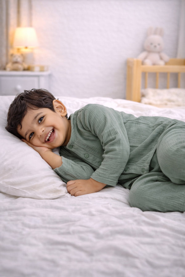 Solid Olive| Premium Crinkled Double Layered Soft Unisex Muslin Set for New Born to 6 Years
