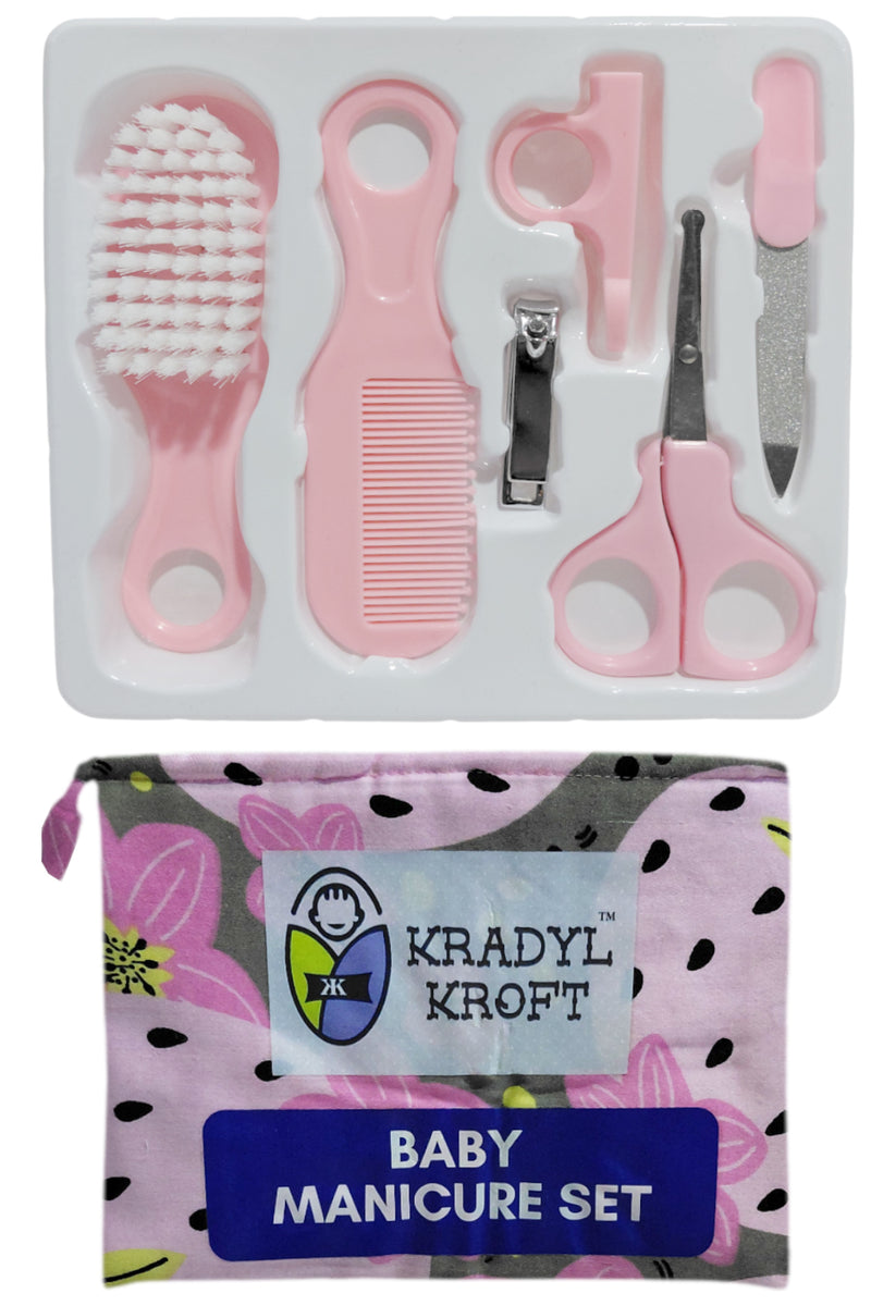 Kradyl Kroft Baby 6 Pcs Manicure Grooming Set with Brush, Comb, Nail Clipper, Nail File , Baby Scissor, Smoother (Pink)