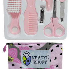 Kradyl Kroft Baby 6 Pcs Manicure Grooming Set with Brush, Comb, Nail Clipper, Nail File , Baby Scissor, Smoother (Pink)