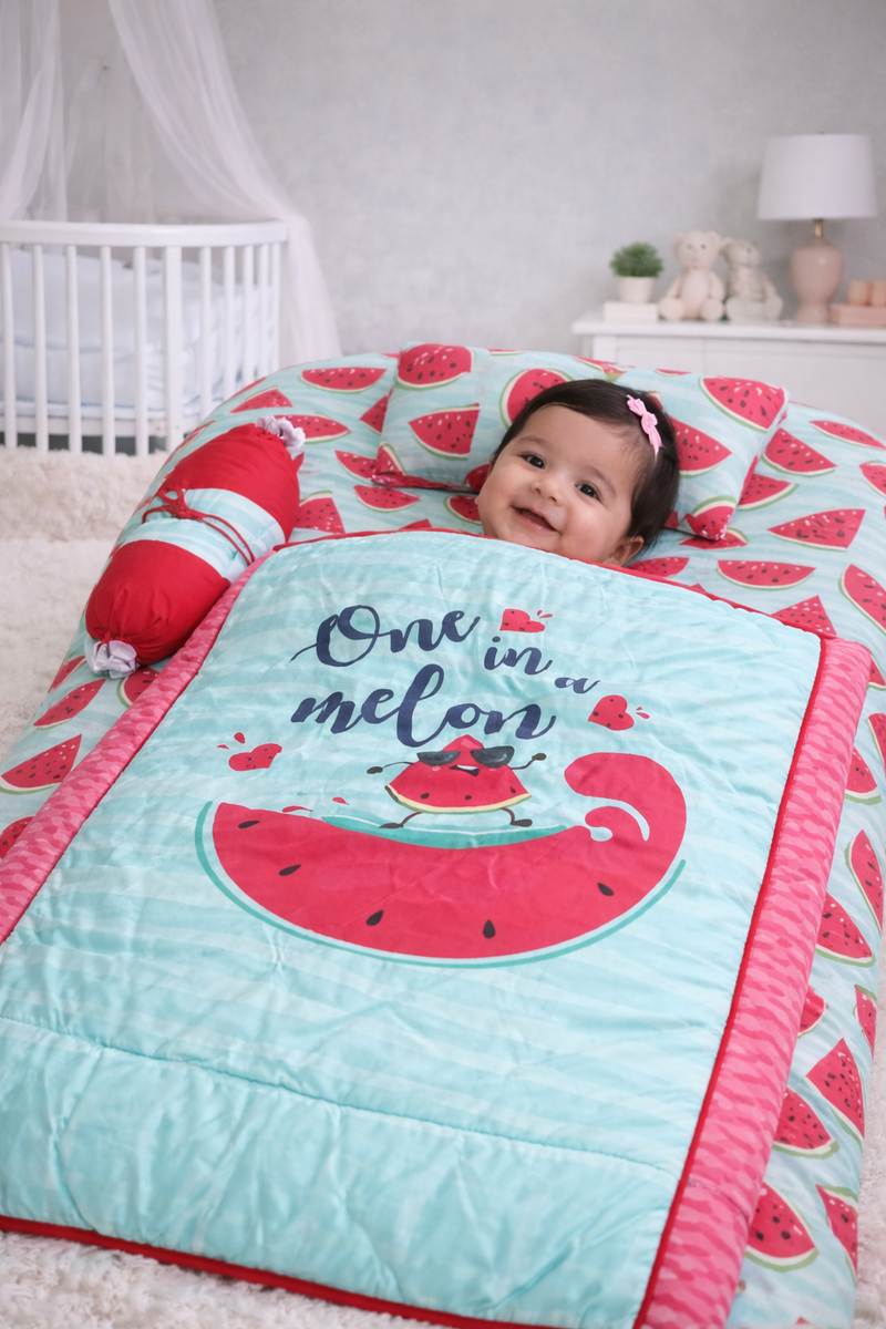 Kradyl Kroft 6 Pc Bedding Set for Infants | Baby Bedding Set | Baby Mattress with Quilt | Side Pillows | Head Pillow (One in a melon)
