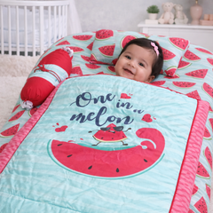 Kradyl Kroft 6 Pc Bedding Set for Infants | Baby Bedding Set | Baby Mattress with Quilt | Side Pillows | Head Pillow (One in a melon)