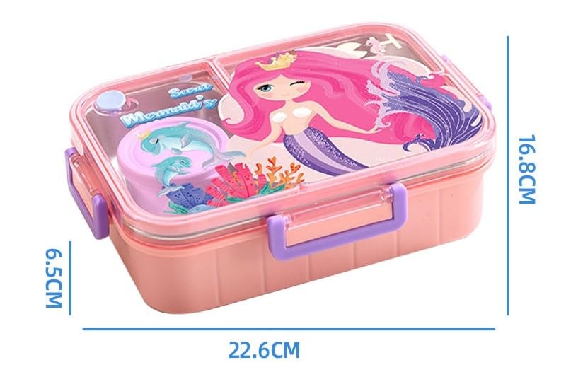 Merrmaid 3 Compartment 750 ML Stainless Steel Lunch Box for School Leak Proof Bento Tiffin Box with Handle, SUS304 Steel Lunch Box