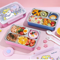 Little Unicorn 3 Compartment 750 ML Stainless Steel Lunch Box for School Leak Proof Bento Tiffin Box with Handle, SUS304 Steel Lunch Box