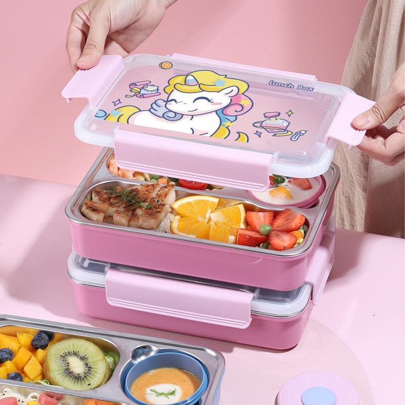 Little Unicorn 3 Compartment 750 ML Stainless Steel Lunch Box for School Leak Proof Bento Tiffin Box with Handle, SUS304 Steel Lunch Box