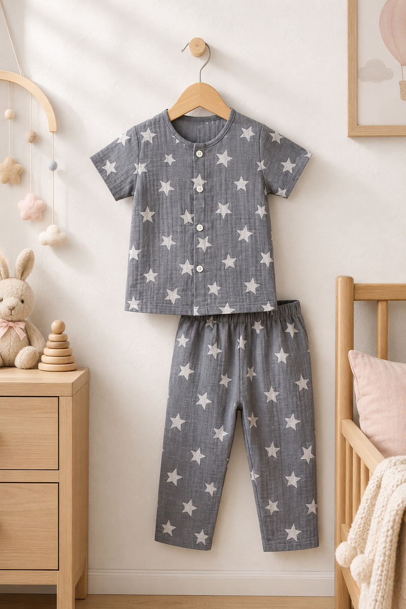Star Grey |Half Sleeves| Checkered Muslin|  Soft Unisex Muslin Set for New Born to 6 Years