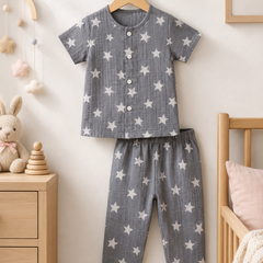 Star Grey |Half Sleeves| Checkered Muslin|  Soft Unisex Muslin Set for New Born to 6 Years