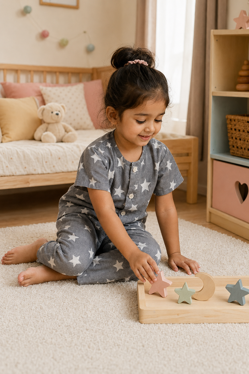 Star Grey |Half Sleeves| Checkered Muslin|  Soft Unisex Muslin Set for New Born to 6 Years
