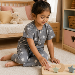 Star Grey |Half Sleeves| Checkered Muslin|  Soft Unisex Muslin Set for New Born to 6 Years