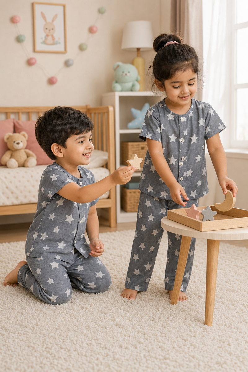 Star Grey |Half Sleeves| Checkered Muslin|  Soft Unisex Muslin Set for New Born to 6 Years