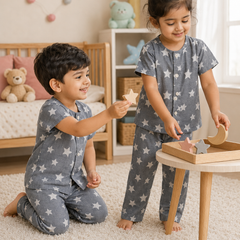 Star Grey |Half Sleeves| Checkered Muslin|  Soft Unisex Muslin Set for New Born to 6 Years