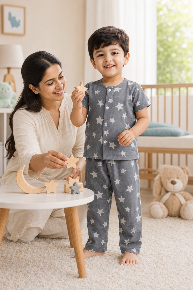 Star Grey |Half Sleeves| Checkered Muslin|  Soft Unisex Muslin Set for New Born to 6 Years