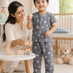 Star Grey |Half Sleeves| Checkered Muslin|  Soft Unisex Muslin Set for New Born to 6 Years