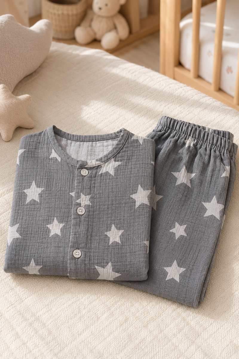 Star Grey |Half Sleeves| Checkered Muslin|  Soft Unisex Muslin Set for New Born to 6 Years