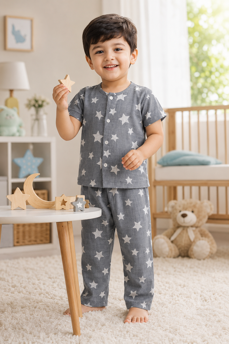 Star Grey |Half Sleeves| Checkered Muslin|  Soft Unisex Muslin Set for New Born to 6 Years