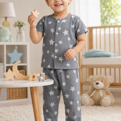 Star Grey |Half Sleeves| Checkered Muslin|  Soft Unisex Muslin Set for New Born to 6 Years