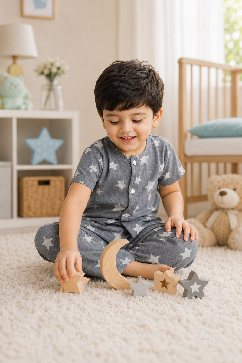 Star Grey |Half Sleeves| Checkered Muslin|  Soft Unisex Muslin Set for New Born to 6 Years