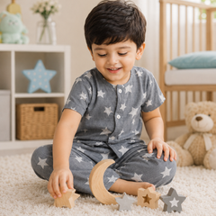Star Grey |Half Sleeves| Checkered Muslin|  Soft Unisex Muslin Set for New Born to 6 Years